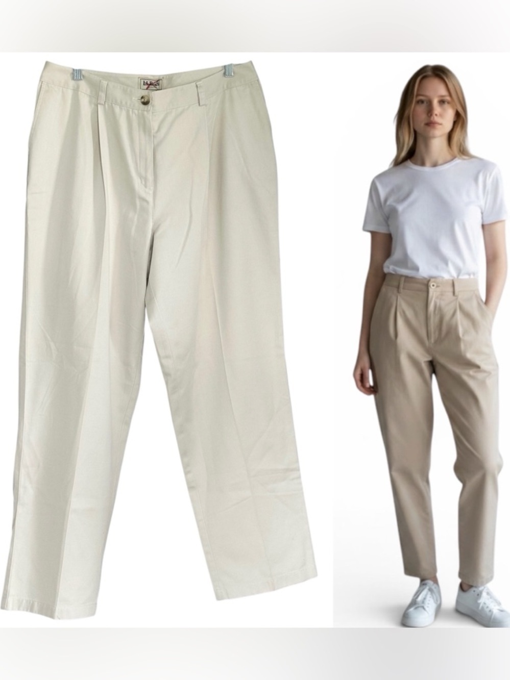 LL Bean Women’s Classic Beige Khaki Twill Pants Curvy Fit Size 14 High Rise